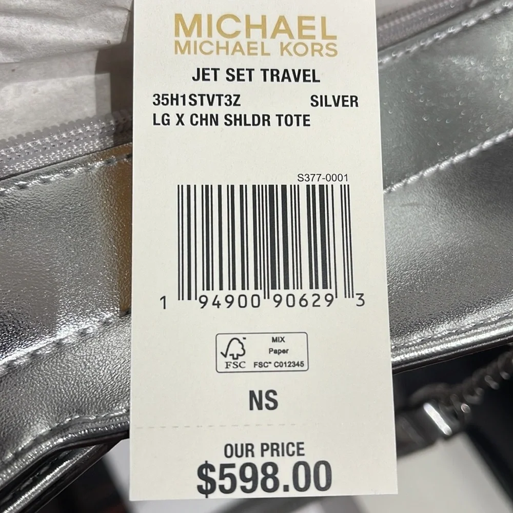 Michael Kors Jet Set Travel Large Chained Tote Shoulder Bag MK Silver